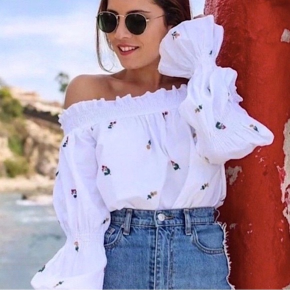 Zara Tops - ZARA White Floral Blouse Embroidered Off Shoulder Peasant Cottage Coquette Sz M